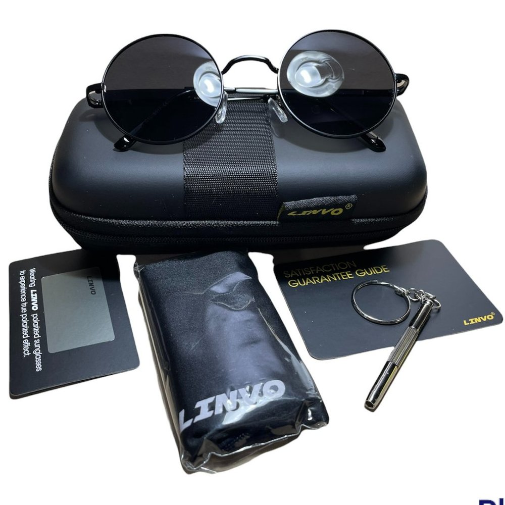 Linvo Polarized Round Hippie Sunglasses Women Men  -  Black